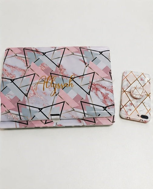 Personalised pink marble geometric laptop skin with matching phone skin