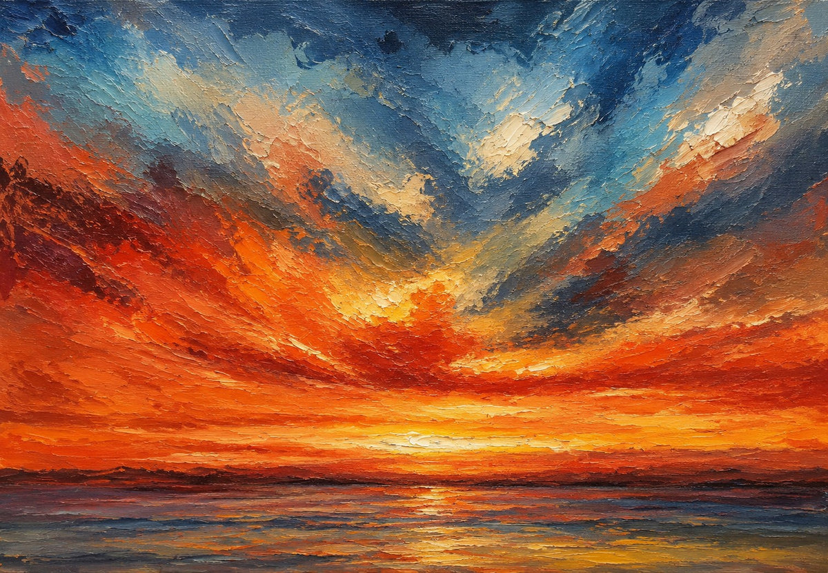 First Light original artwork, an oil painting of an orange and blue sunset over the sea