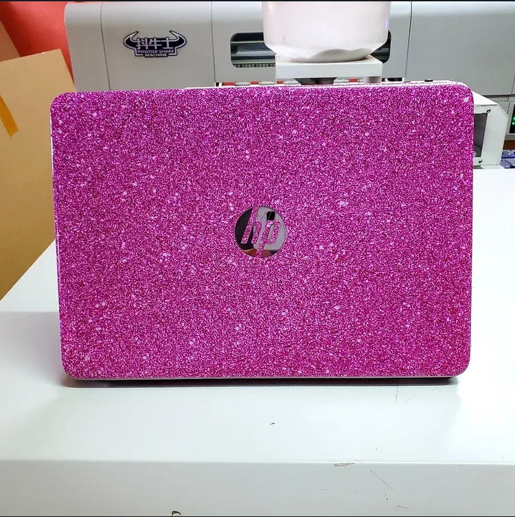 Pink Glitter laptop skin on an HP lid