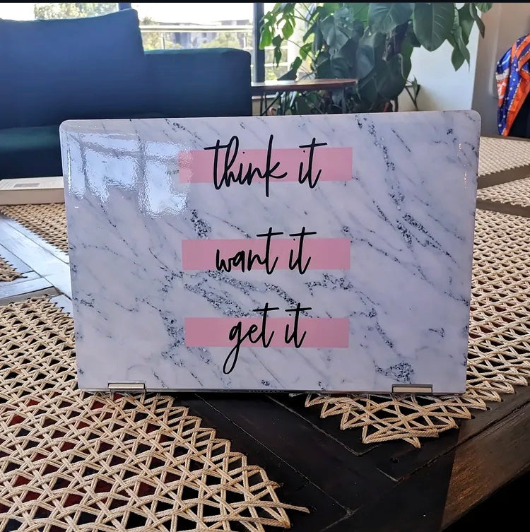 Think It Want It Get It laptop skin on an HP lid