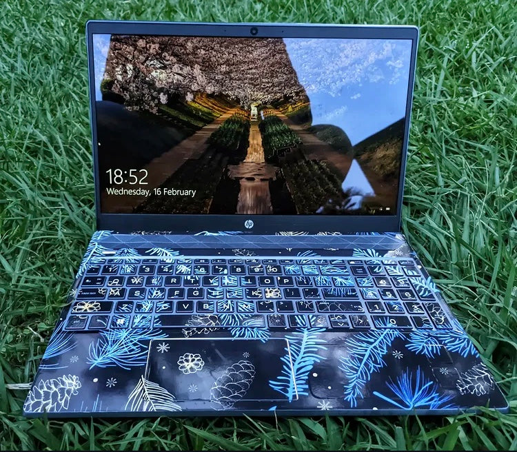 Frost Feathers laptop skin on an HP keyboard